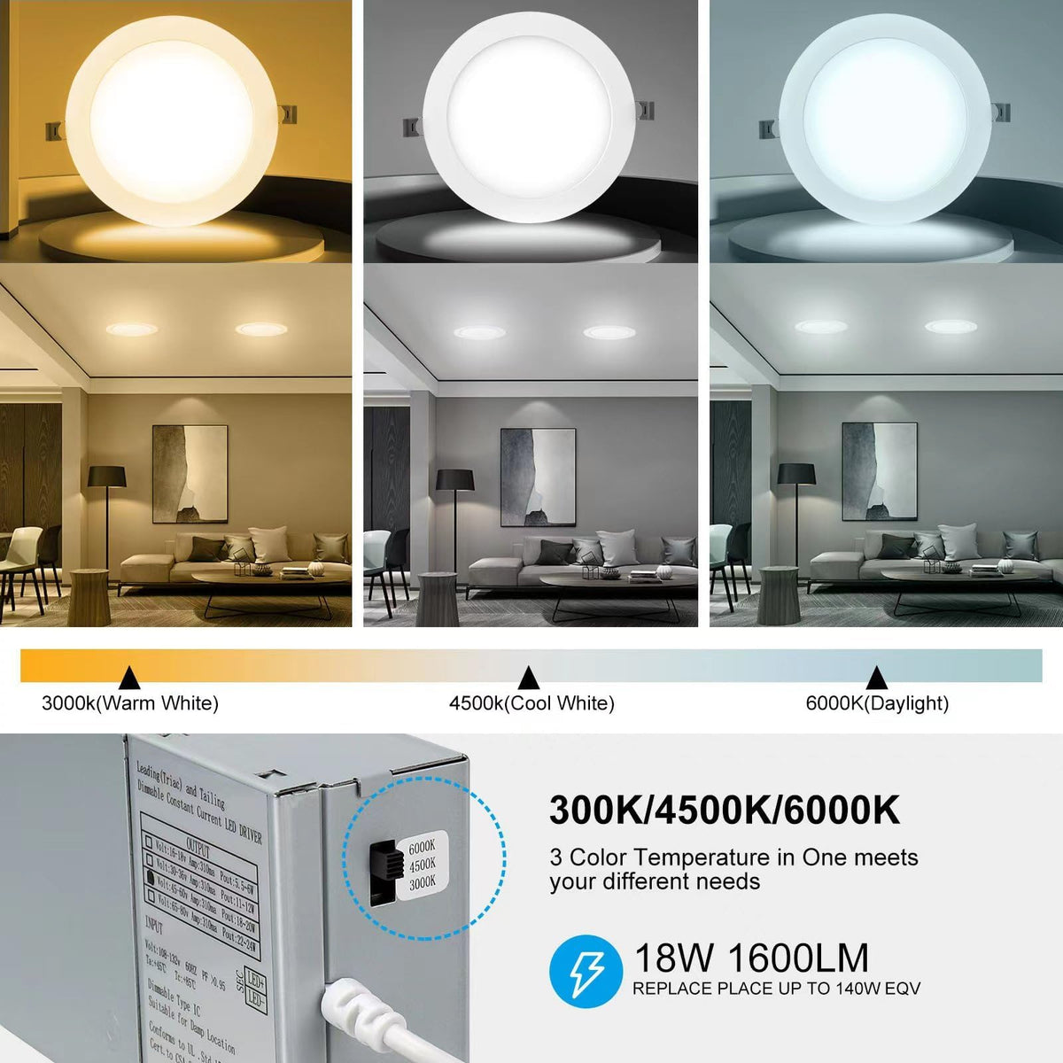 12 Pack 7 Inch 3CCT Ultra-Thin LED Recessed Light with Junction Box, 3000K/4500K/6000K Selectable, 18W Eqv 125W