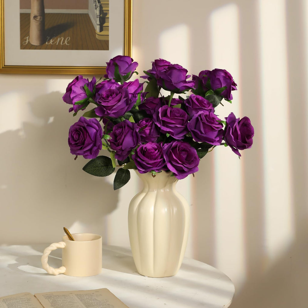 Artificial Silk Roses, 10Pcs Lifelike Fake Rose Bouquet, Purple Faux Flowers Decor, Table Centerpiece, Wedding