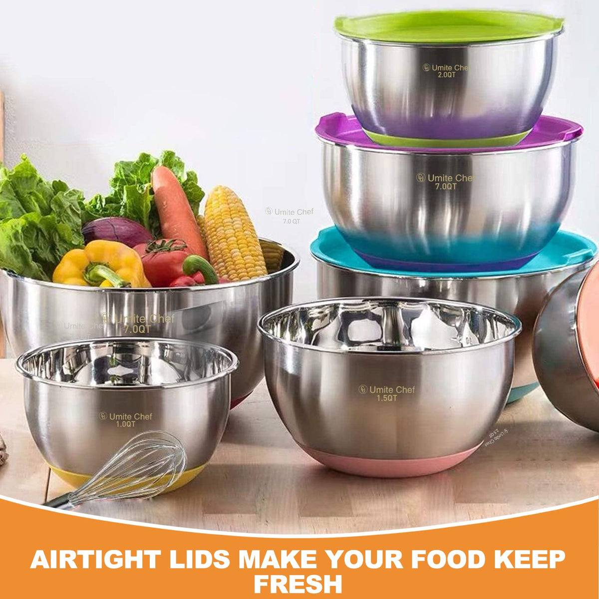 Mixing Bowls with Airtight Lids, 6 Piece Stainless Steel Metal Bowls, Measurement Marks & Colorful Non-Slip Bottoms