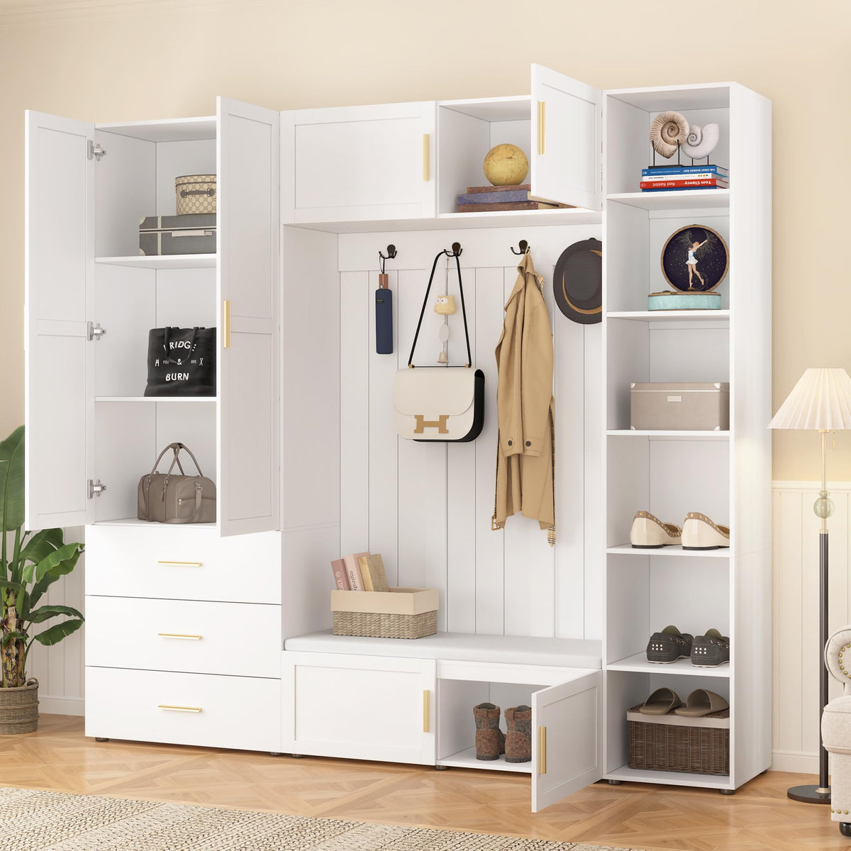 Wide Hall Tree with Cabinet and Bench, Farmhouse Mudroom Storage Organizer with 4 Hooks, and Adjustable Storage