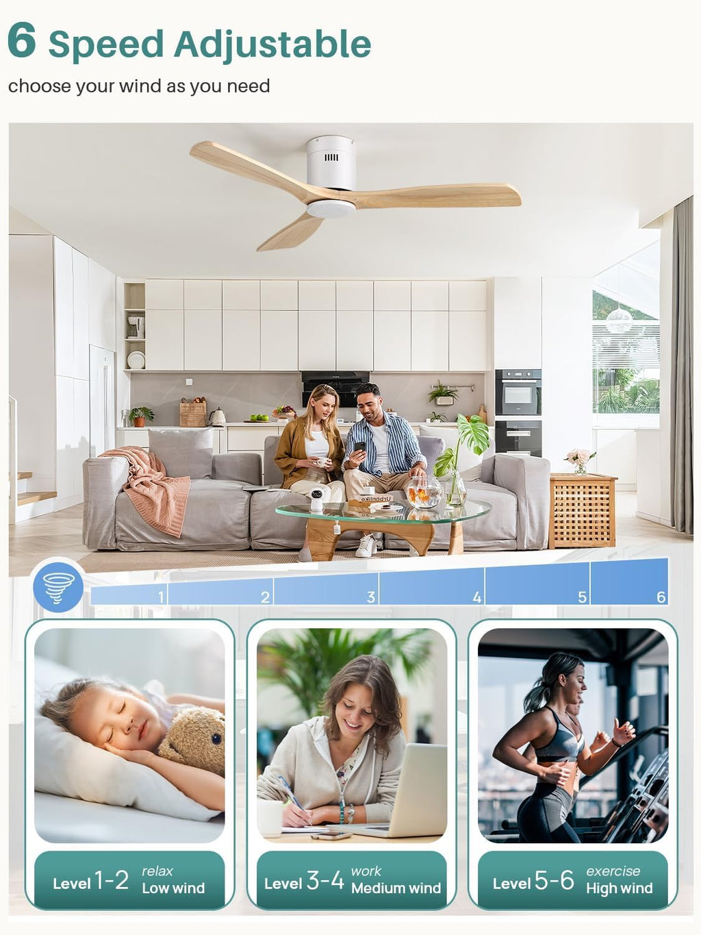 52" Wood Flush Mount Ceiling Fan with Remote, No Light