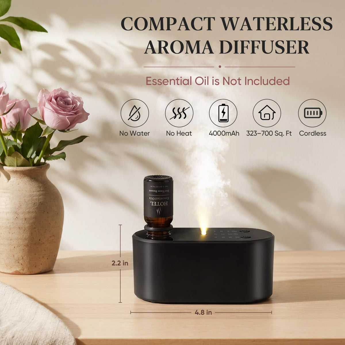 Waterless Essential Oil Diffuser, Battery Operated Nebulizer, 323-700 sq.ft