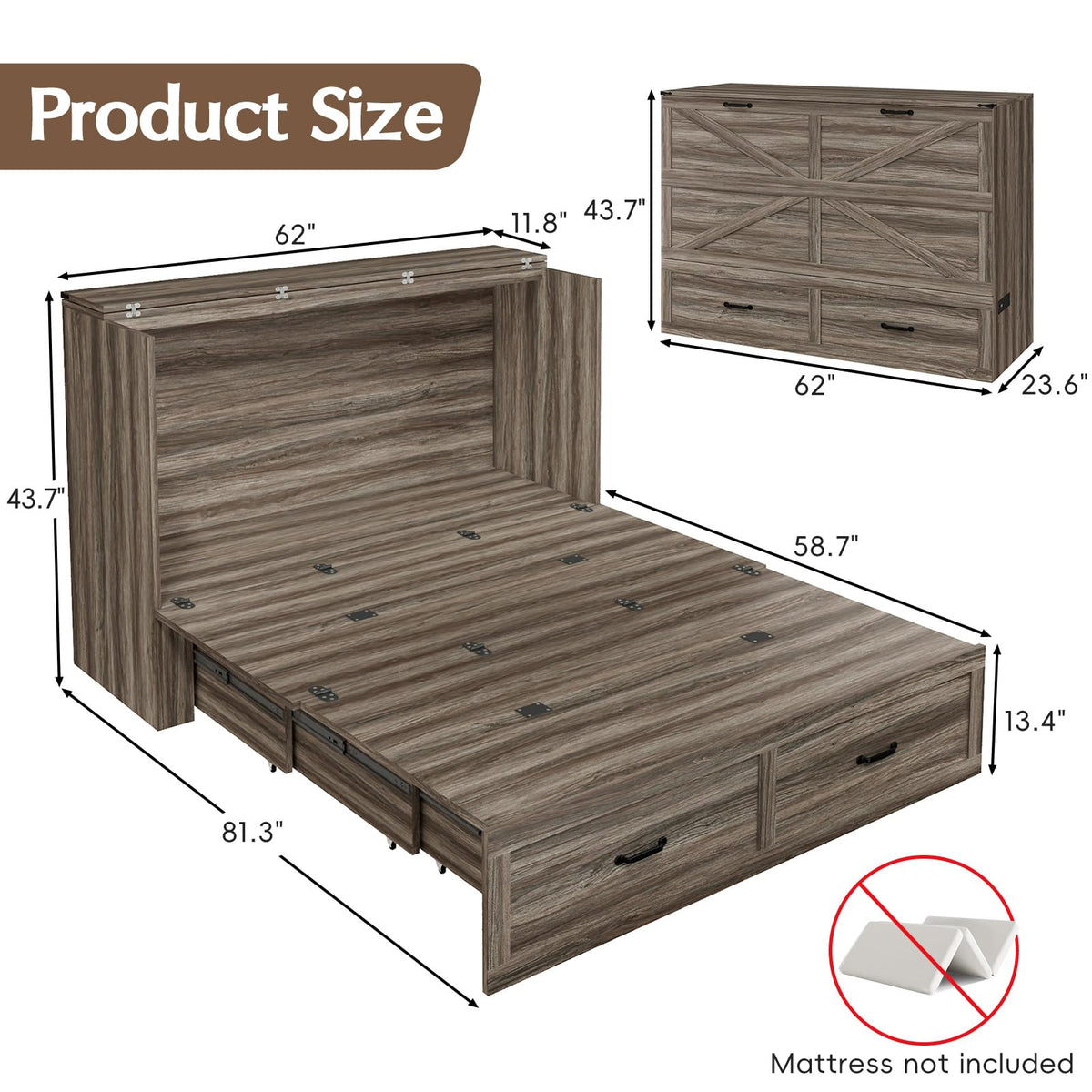 Queen Size Farmhouse Murphy Bed with Drawer&Charging Station, Grey