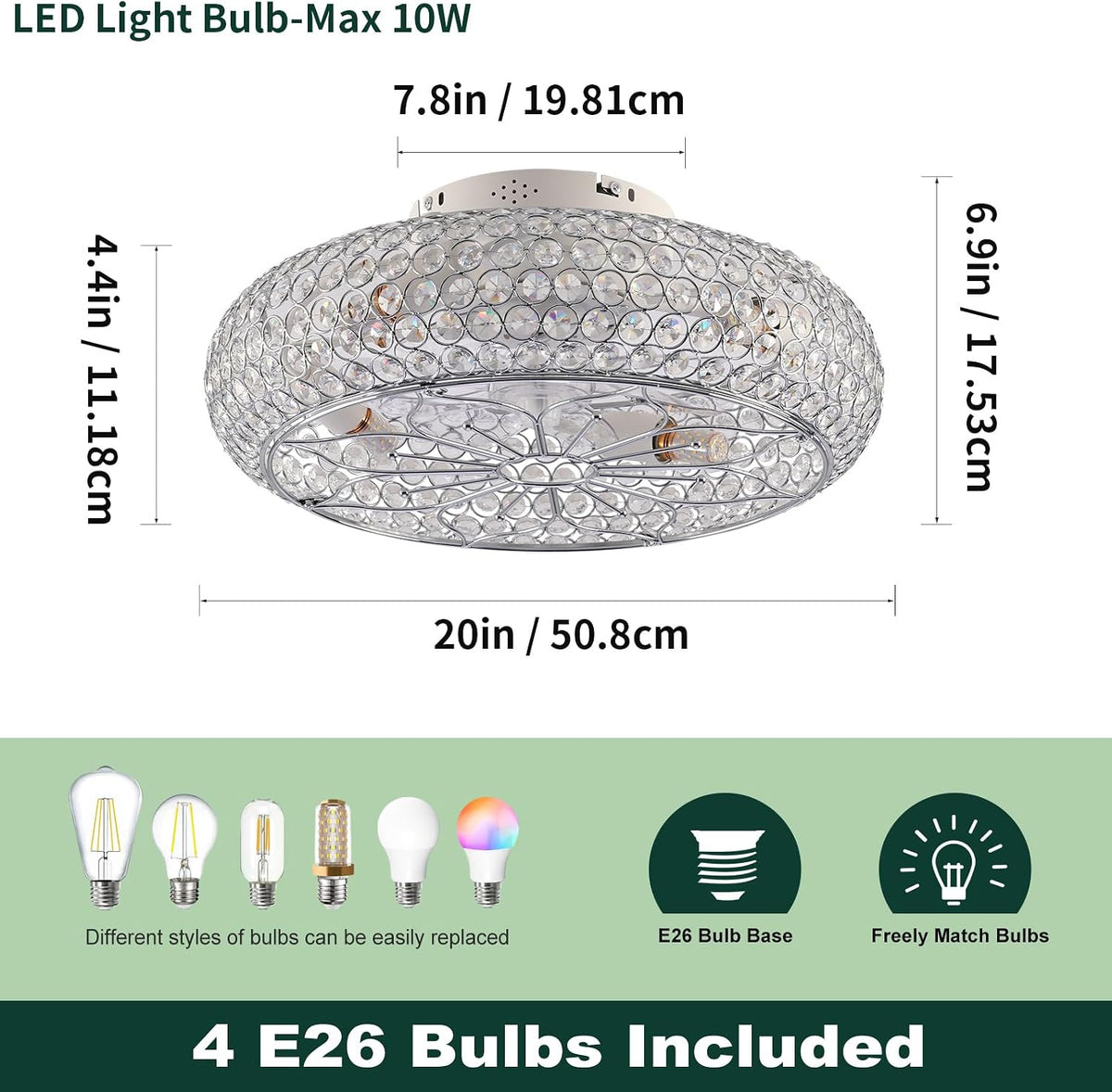 20" Flush Mount Caged Crystal Ceiling Fan with Light & Remote