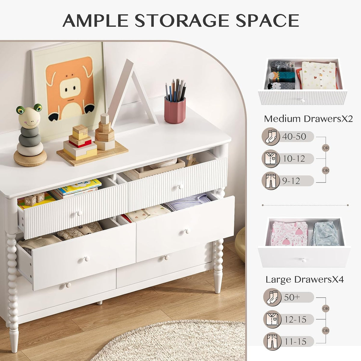 White Nursery Dresser for Kids Bedroom, 6 Drawers for Storage | Jenny Lind Spindle Legs Dresser, Baby Clothes