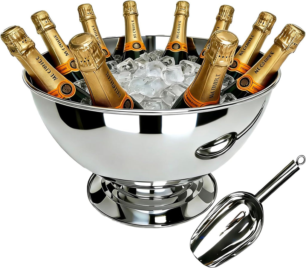 Stainless Steel Champagne Bucket with Scoop, 15.3" Large Capacity Ice Bucket with Detachable Base, Mirror Polished