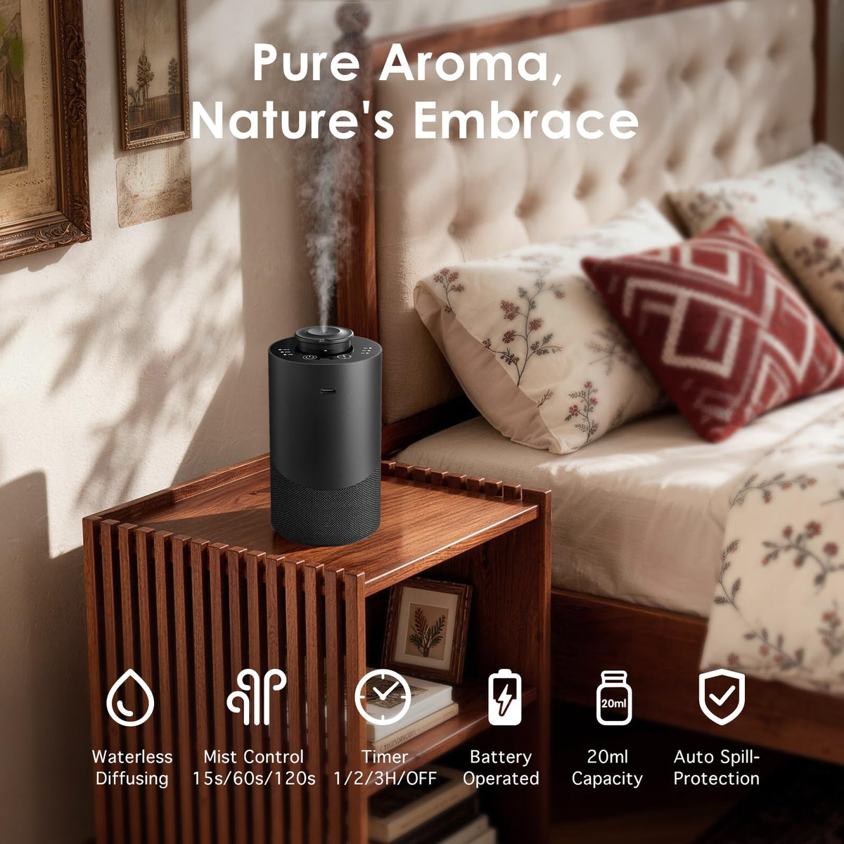 Waterless Essential Oil Diffuser (Aluminum Alloy & Fabric) - Cordless Car Scent Diffuser with 3 Timer & 3 Mist Levels