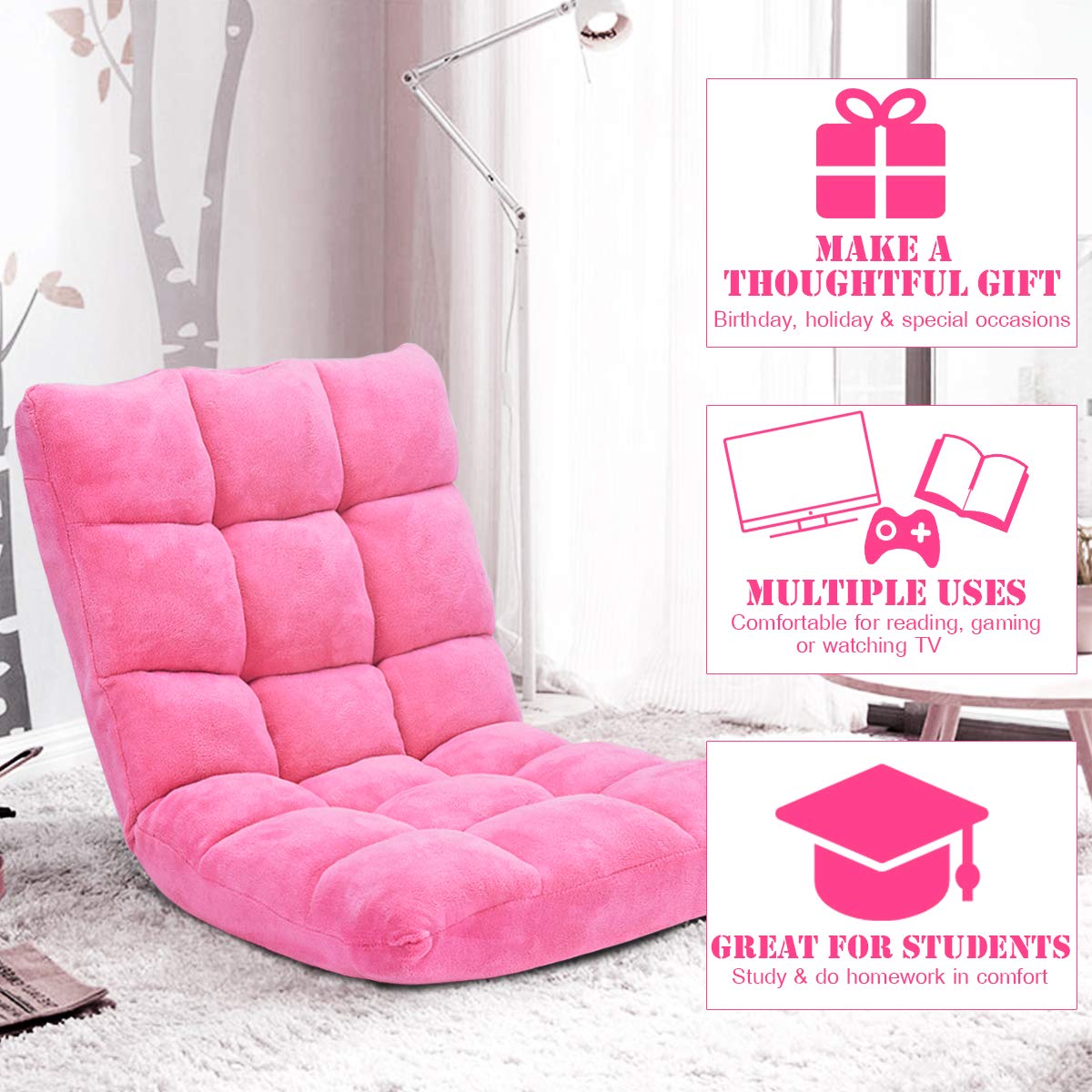 Floor Chairs for Adults, Floor Gaming Chair w/Back Support (Pink)
