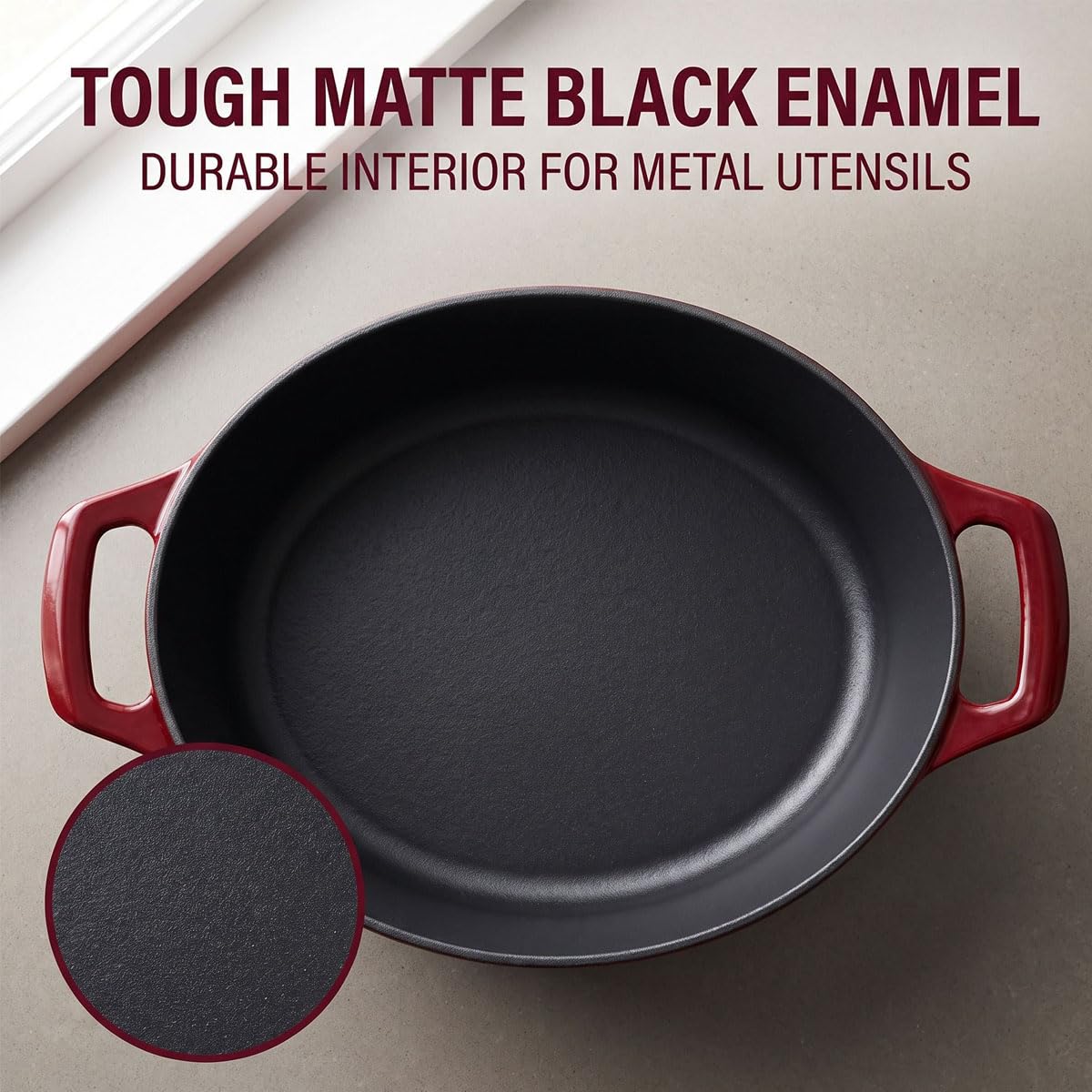 Enameled Cast Iron Oval Dutch Oven Casserole Dish Pot with Lid 5 QT Internal Matt Black Enamel Coating, Cranberry