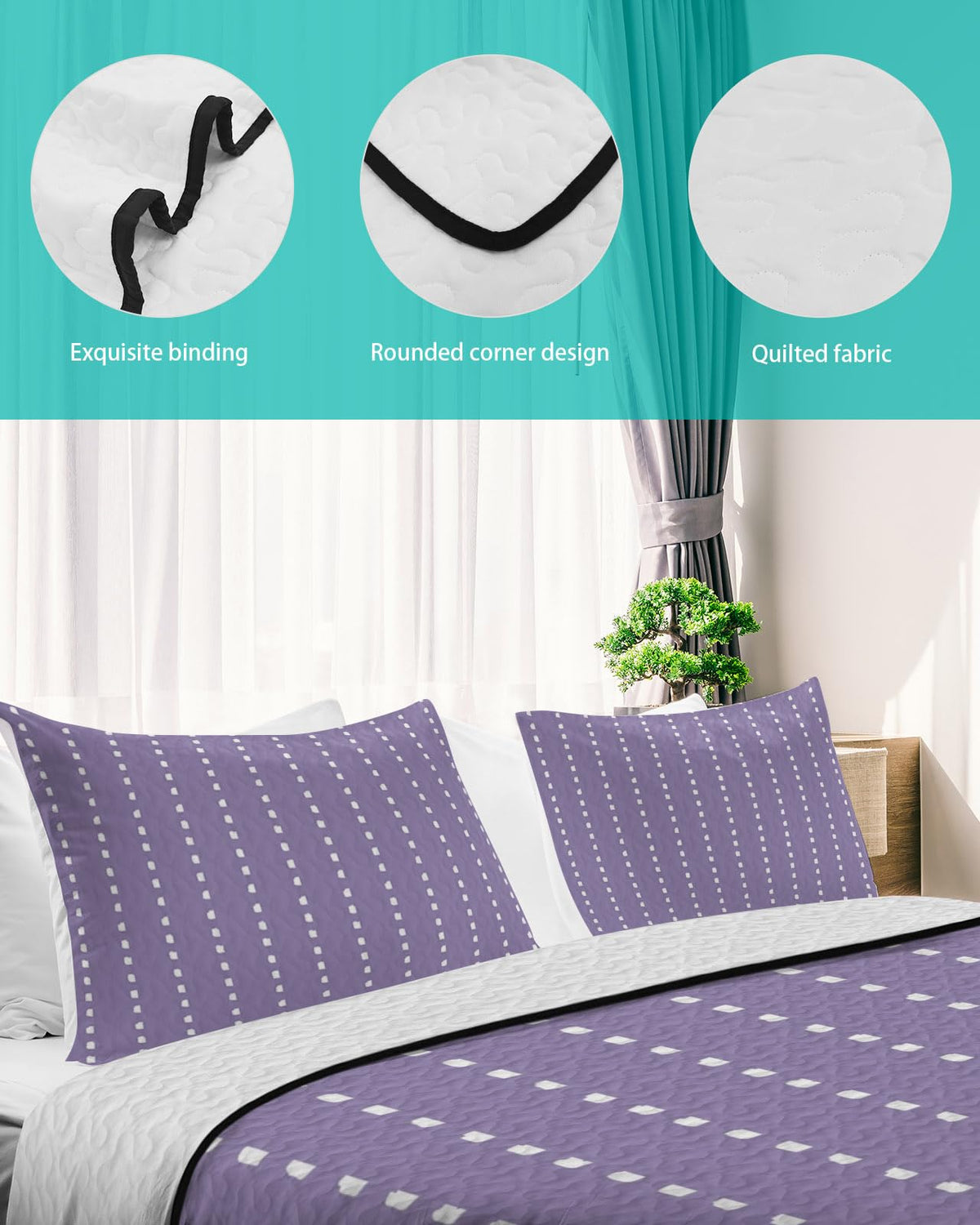 Lilac Ticking Quilt Set 3 Pieces Quilted Bedspread- Soft, Pastel Dreamy Undertone Lightweight Quilt with