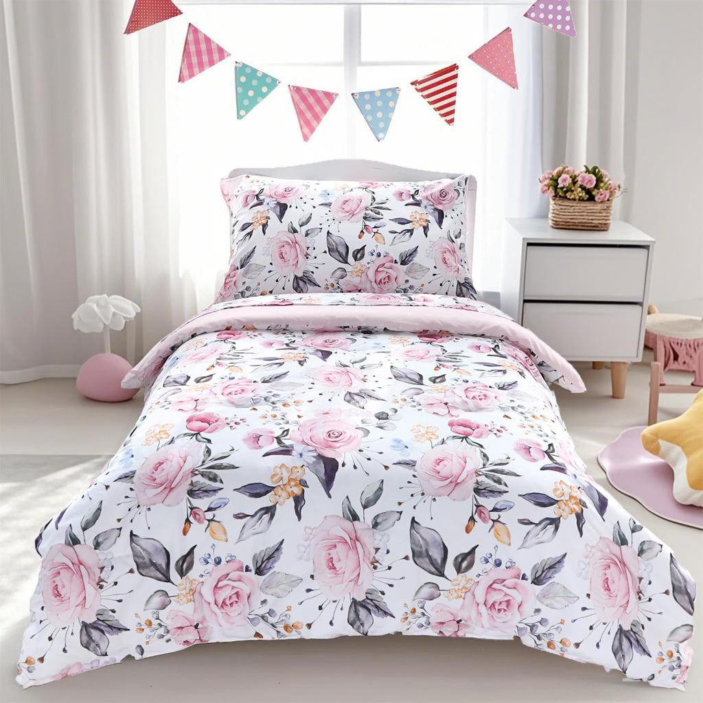 Toddler Bedding Set for Girls, 4 Piece Soft & Breathable Floral Crib Bedding Set, Bed-in-A-Bag Toddler Microfiber