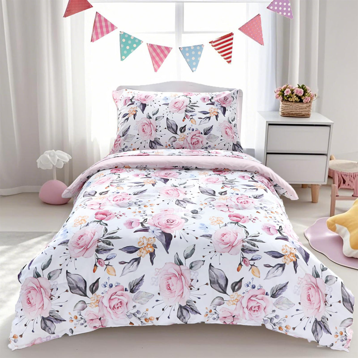 Toddler Bedding Set for Girls, 4 Piece Soft & Breathable Floral Crib Bedding Set, Bed-in-A-Bag Toddler Microfiber
