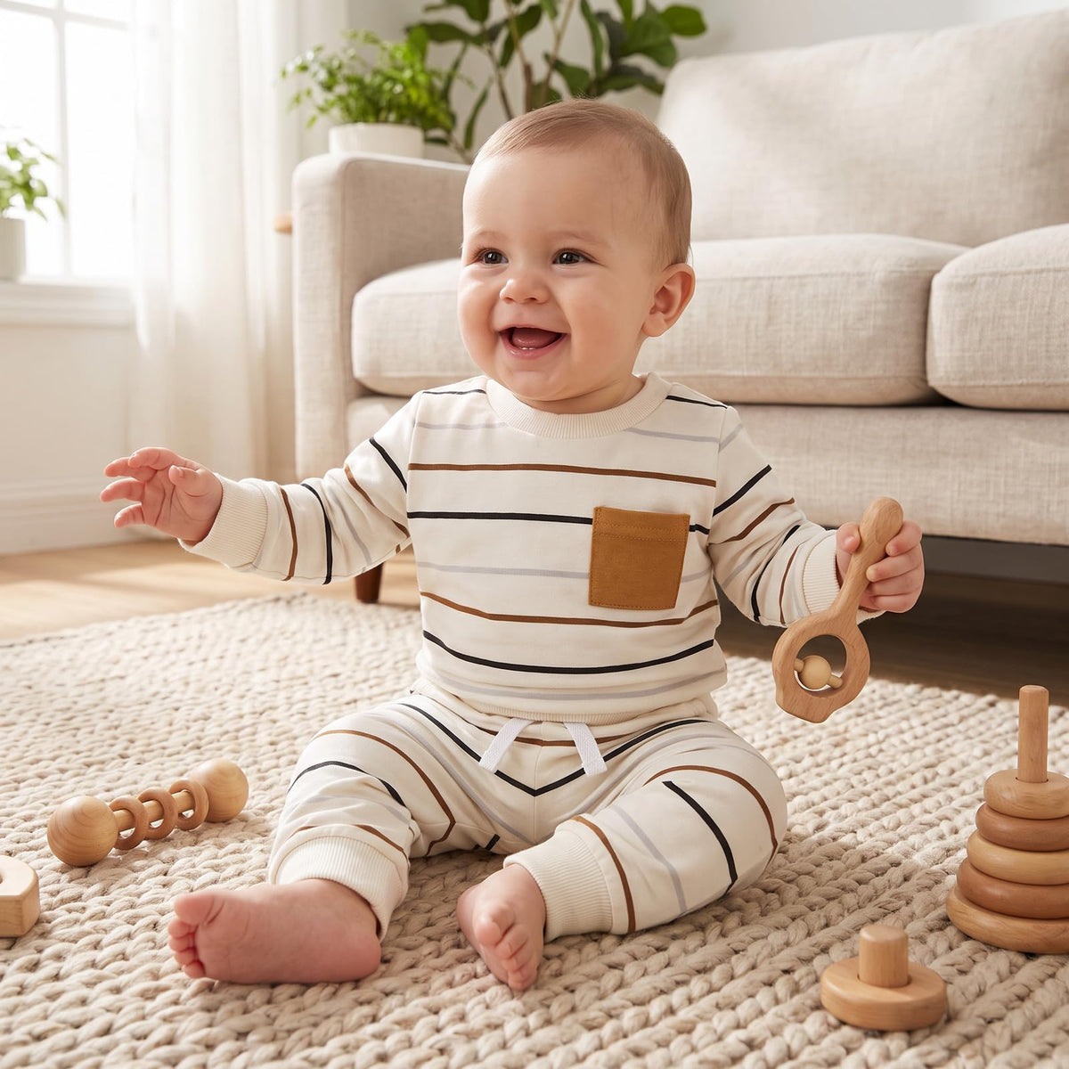 Toddler Baby Boy Clothes Long Sleeve Striped Sweatshirt Pants Set Fall Winter Outfits White