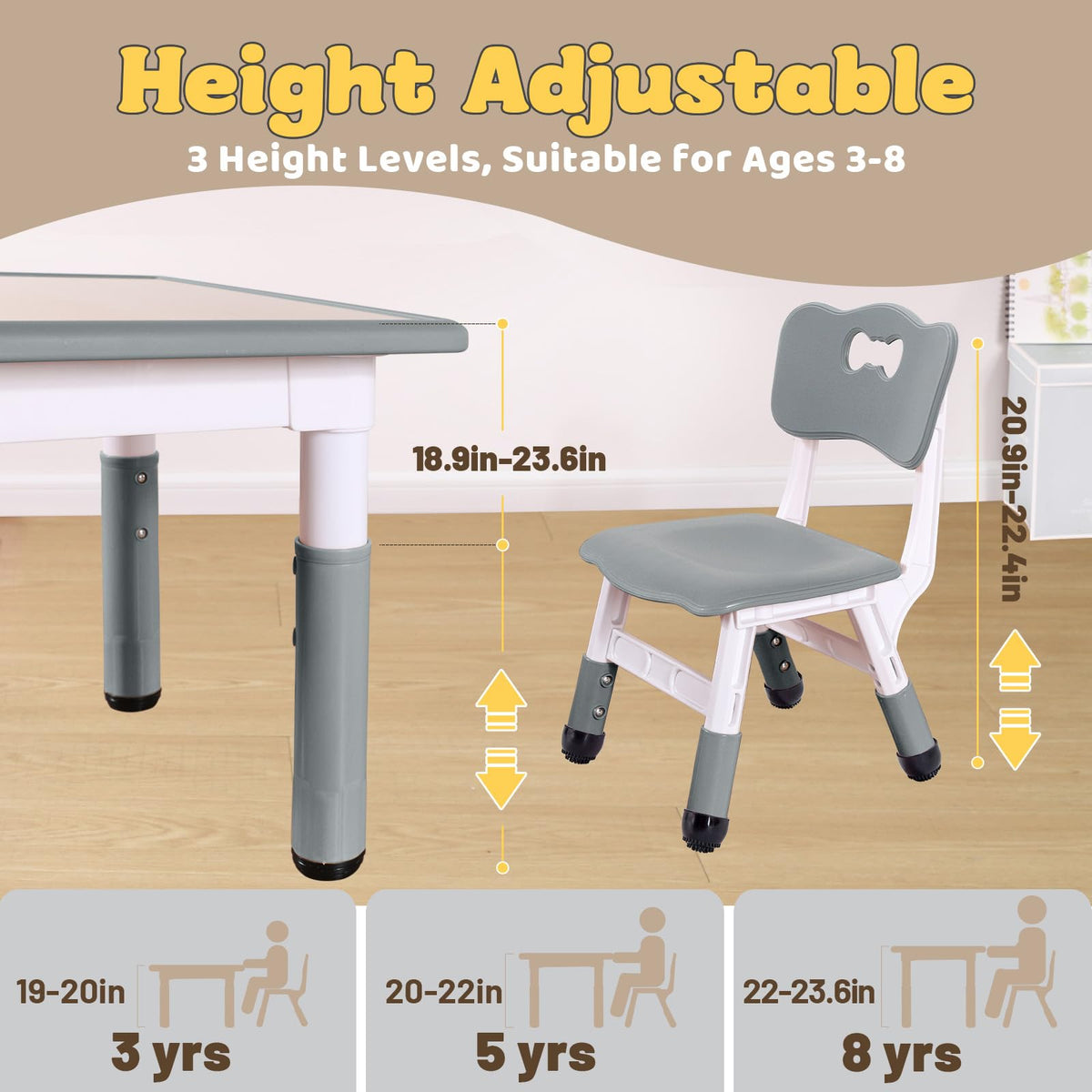 Kids Table and 2 Chairs Set for Ages 3-8, Height Adjustable Toddler Table and Chair Set, Easy to Wipe Arts & Crafts