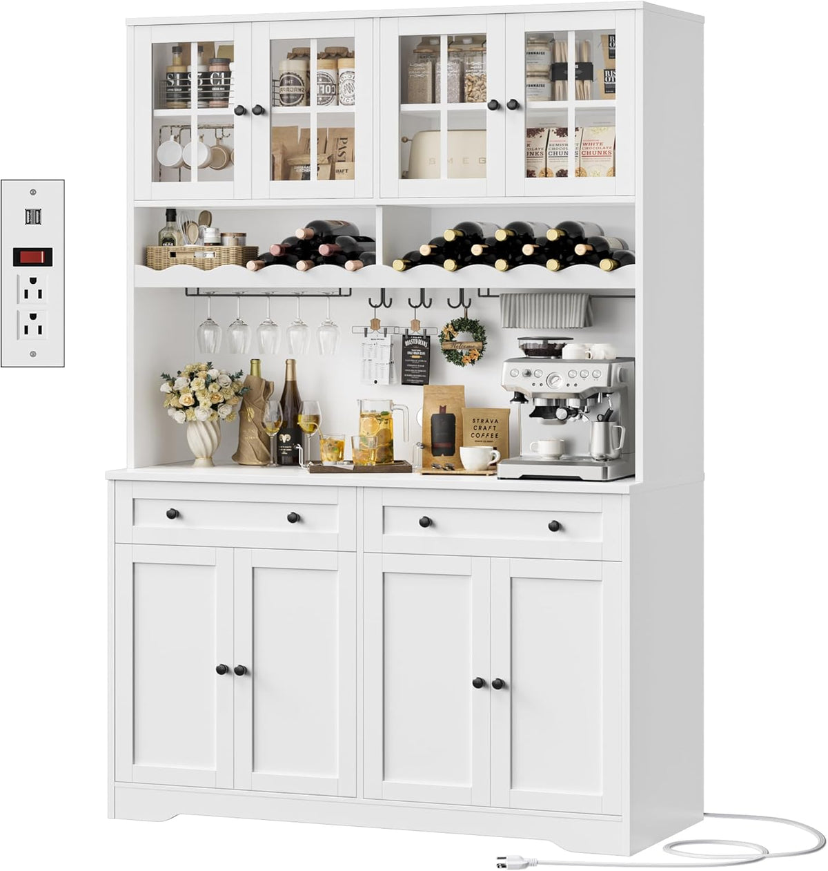 75" Kitchen Pantry Storage Cabinet, Coffee Bar Hutch Cabinet, White | Tall Pantry Cabinet with Charging Station /