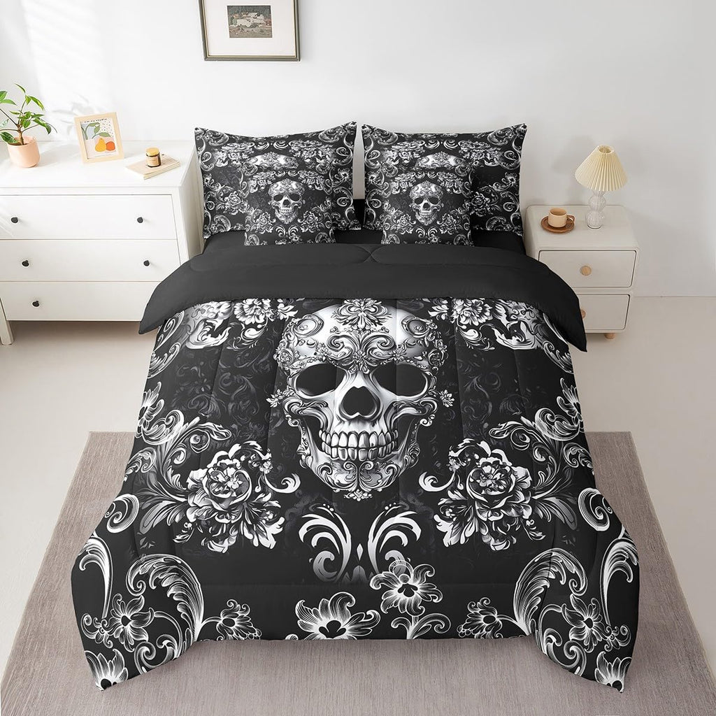 Gothic Skull Comforter Set in a Bag 7 Pieces, Halloween Flower Skeleton Bed Set Twin, Bohemian Victorian Style Bedding