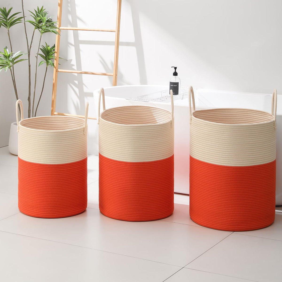 Woven Laundry Hamper Tall Rope Storage Basket for Blanket oys Dirty Clothes Bathroom Bedroom (White&Orange