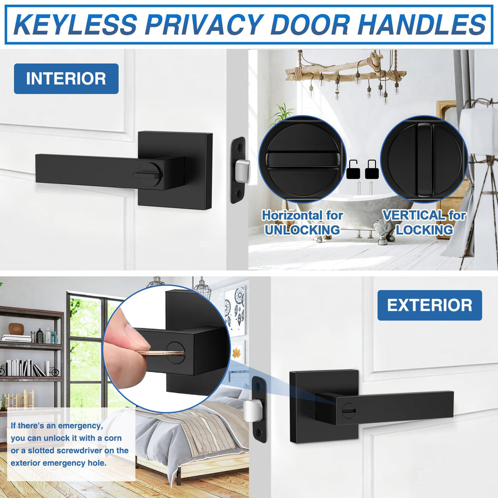 10 Pack Matte Black Door Handles Interior, Keyless Interior Door Knobs, Privacy Door Locks Bathroom, Heavy Duty