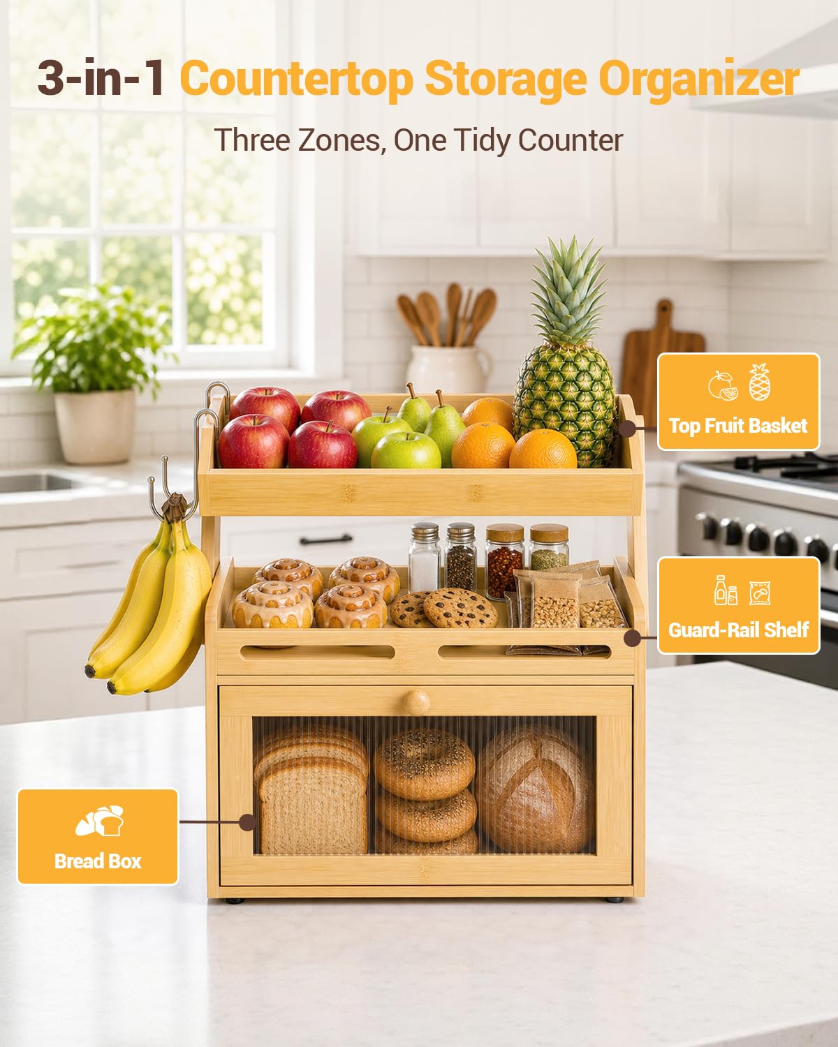 Countertop, Bamboo Bread Storage with Fruit Basket