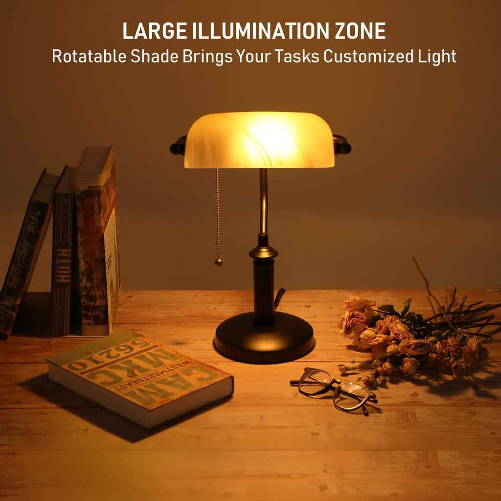 Pale Yellow Glass Bankers Desk Lamp with Pull Chain, E26 Base