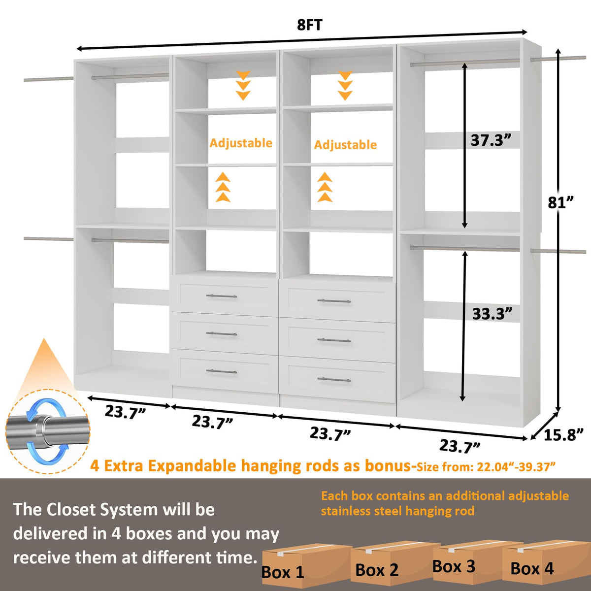 Closet System with 6 Drawers, 8FT-21FT Wooden Organizer System