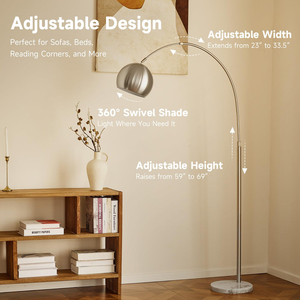 Inspired Arco Style Modern Floor Lamp, Brushed Nickel Arc Floor Lamp with LED Bulb, Marble Base Contemporary Tall Lamp Couch Sofa