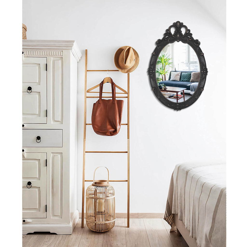 Vintage Black Hanging Mirror, Oval Carved Wood Frame Wall Mounted Mirrors