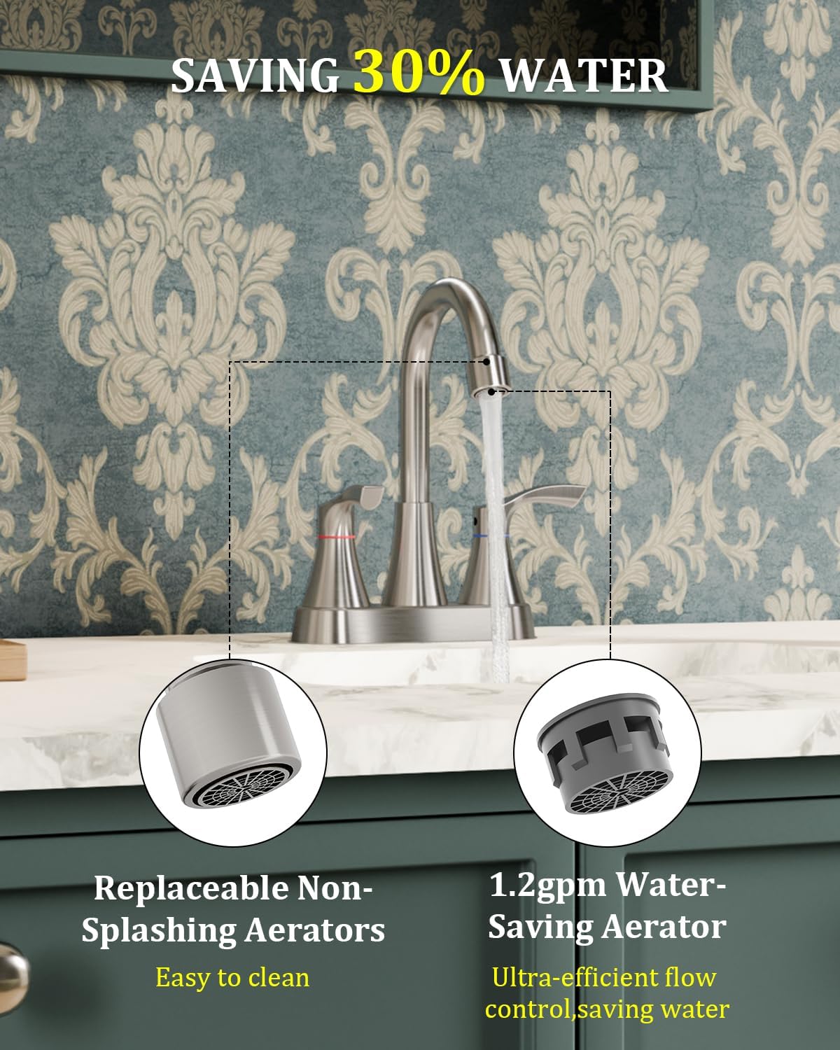 Brushed Nickel Bathroom Faucet 3 Hole, Evolvegoods 4 Inch Stainless Steel Bathroom Sink Faucet