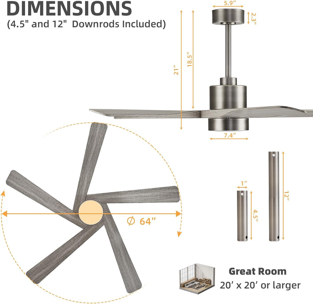 64" Wood Ceiling Fan with Light & Remote