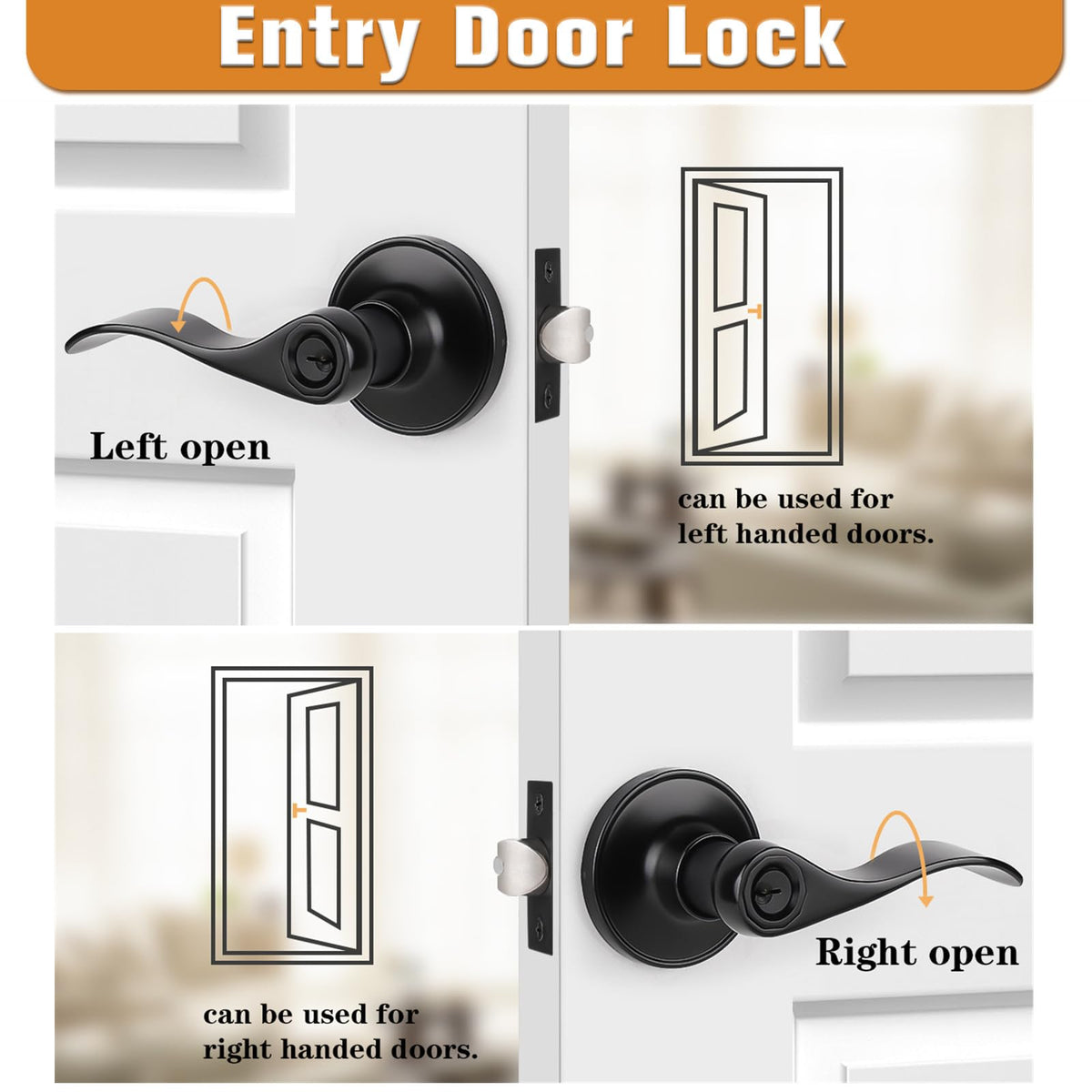 Matte Black Entry Lever, Stainless Steel Wave Style Entrance Handle Exterior Interior Keyed Lock Set for Front or