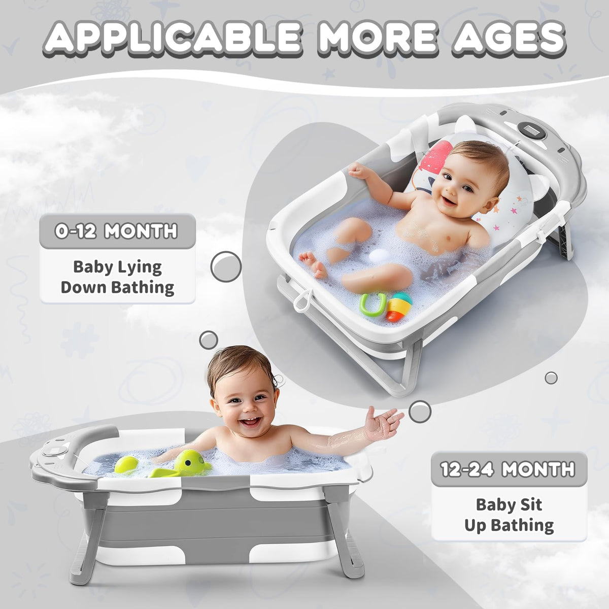 Bathtub Collapsible with Thermometer & Cushion, Portable Travel Tub