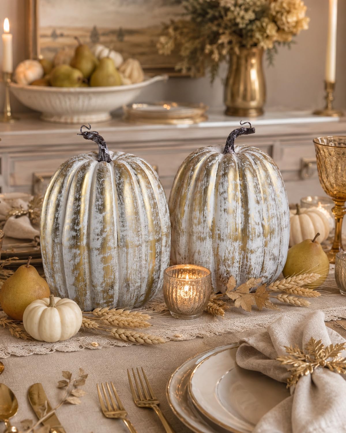 2 Pack 8 Inch Distressed Gold Artificial Pumpkins for Fall Decor
