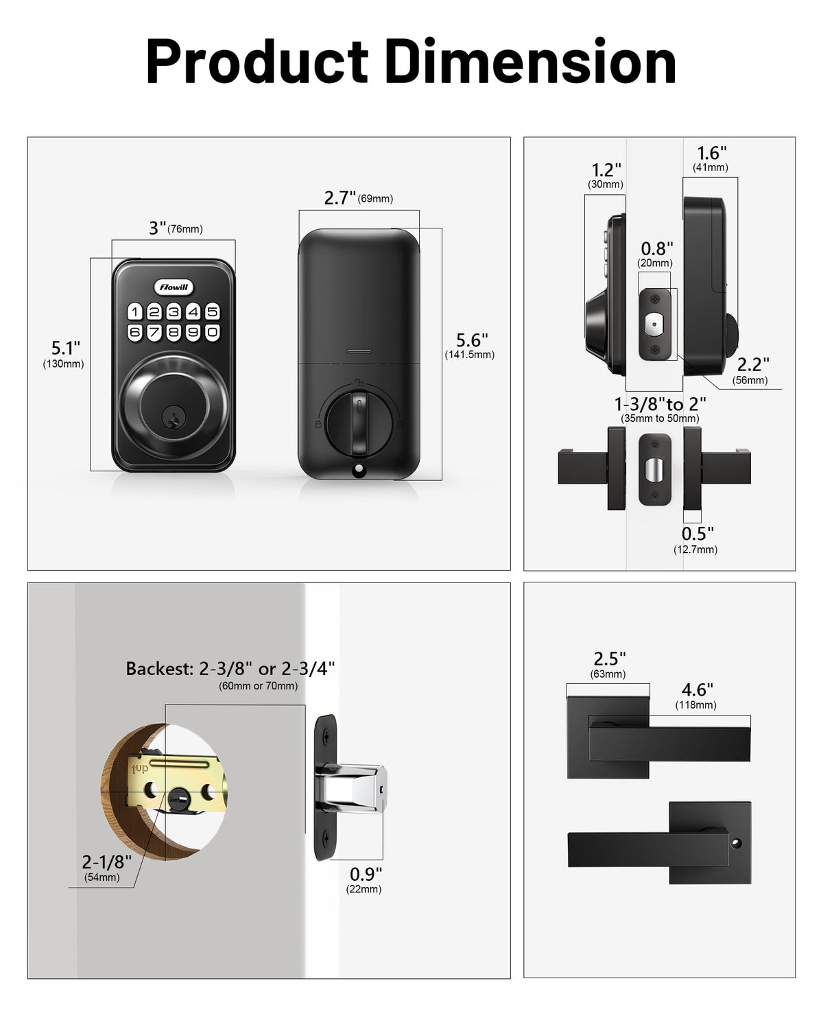 Keyless Entry Keypad Deadbolt Lock with Handles, Matte Black