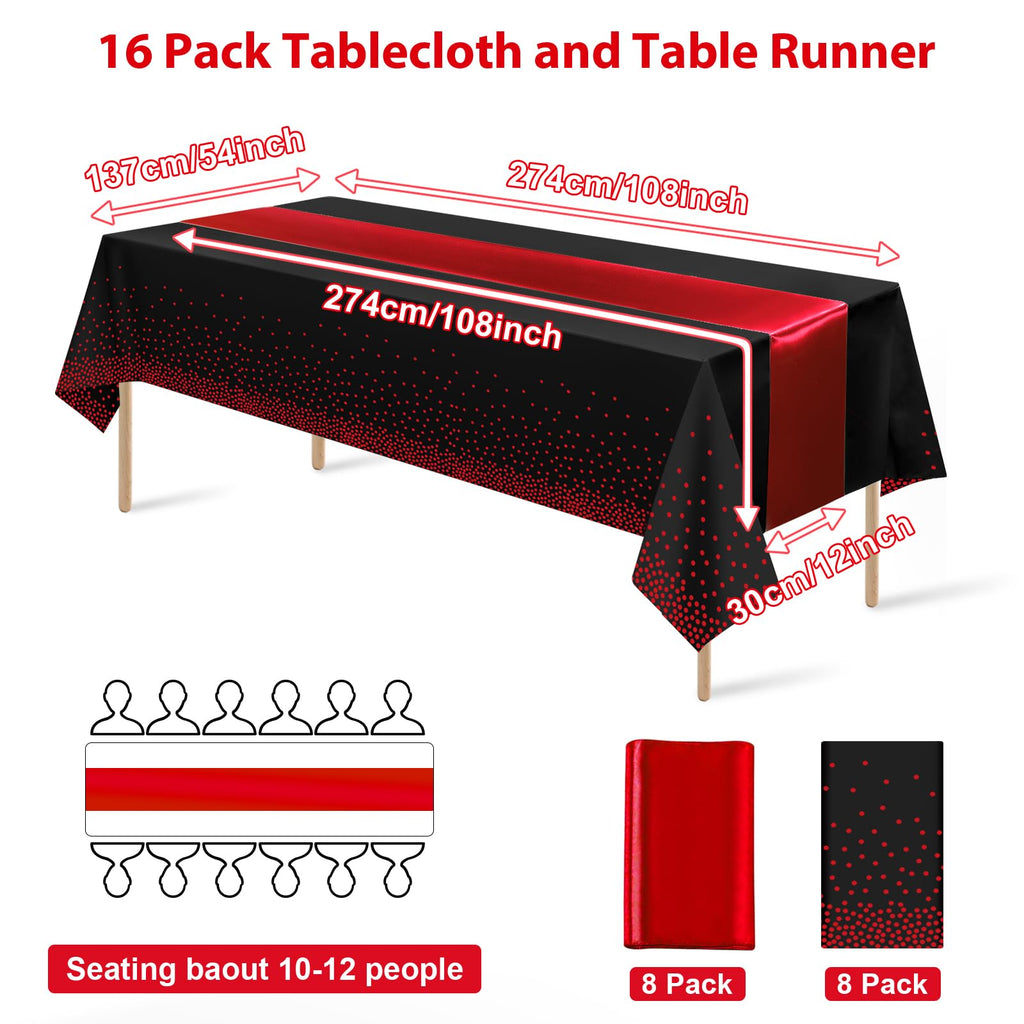 16Pack Disposable Plastic Party Tablecloths and Satin Table Runner Set Black and Red Dot Table Cloth Red Satin Table