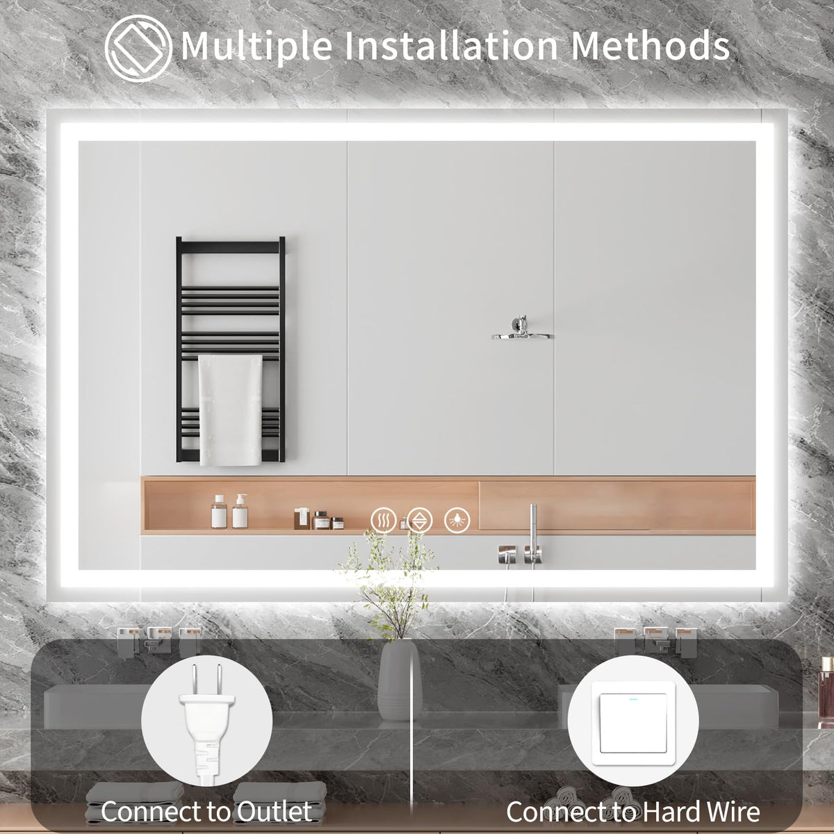 60x28 LED Bathroom Mirror with Light, Anti-Fog, 3 Colors