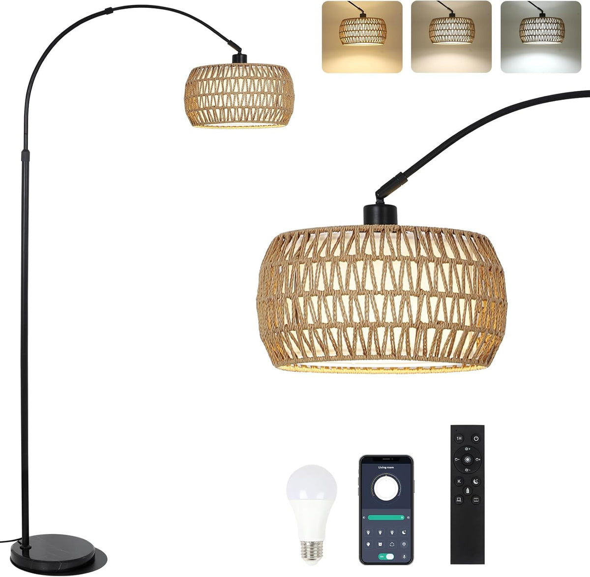 Arc Floor Lamps with 3 Color Temperatures, Black Standing Lamp with Remote & Dimmable LED Bulb, Rattan Boho Floor Lamp