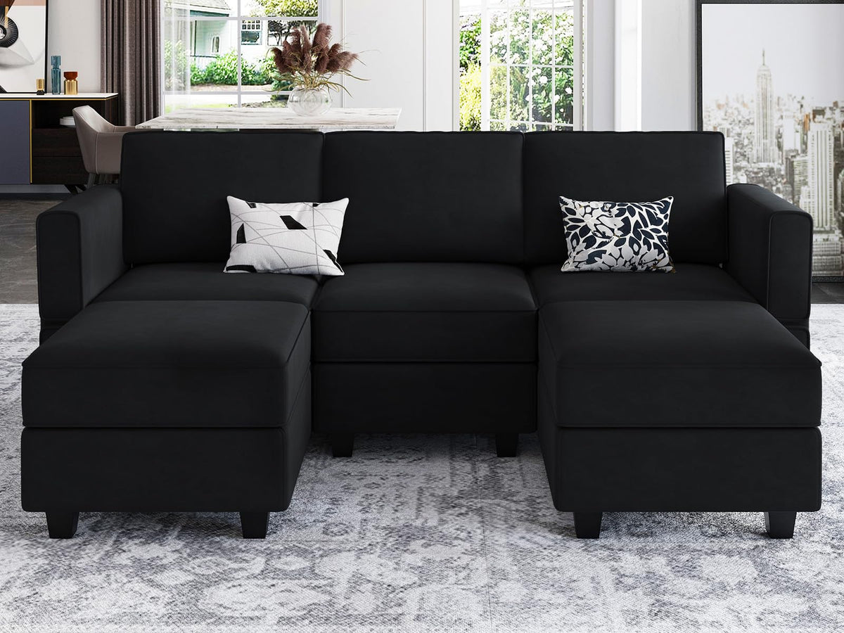 Modular Sectional Sofa with Double Chaise Velvet U Shaped Sofa Reversible Sectional Couch with Storage Black
