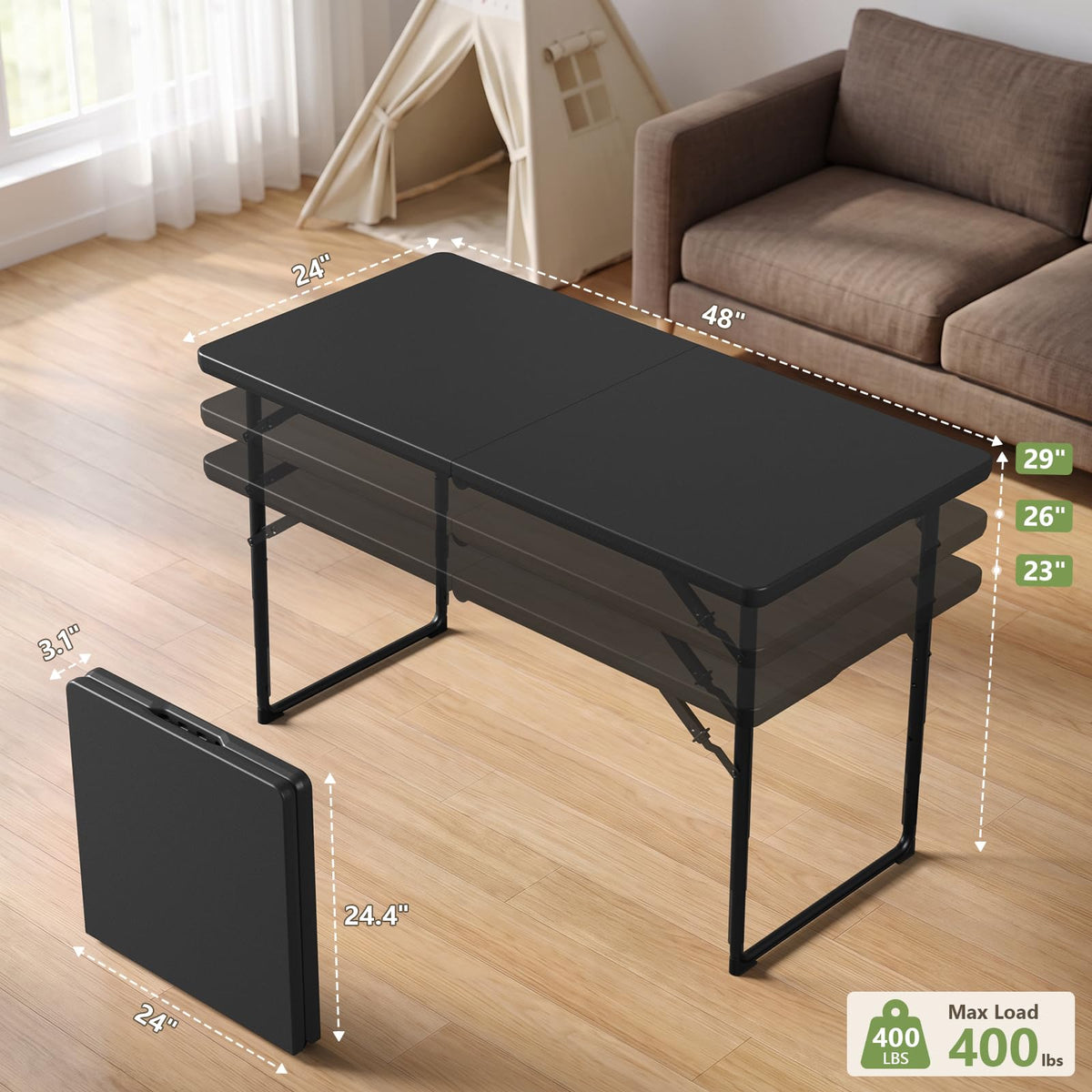4FT Folding Table 2 Pack, Adjustable Height Heavy Duty Plastic Folding Tables with Carry Handles, Fold-in-Half Portable