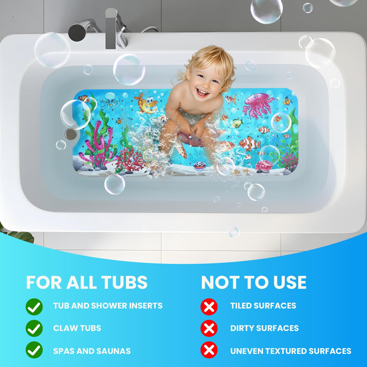 Baby Bath Tub Mat, 40 x 16 Inch Extra Large Non Slip Kids Cartoon Bathtub Shower Mats with Suction Cups & Drain