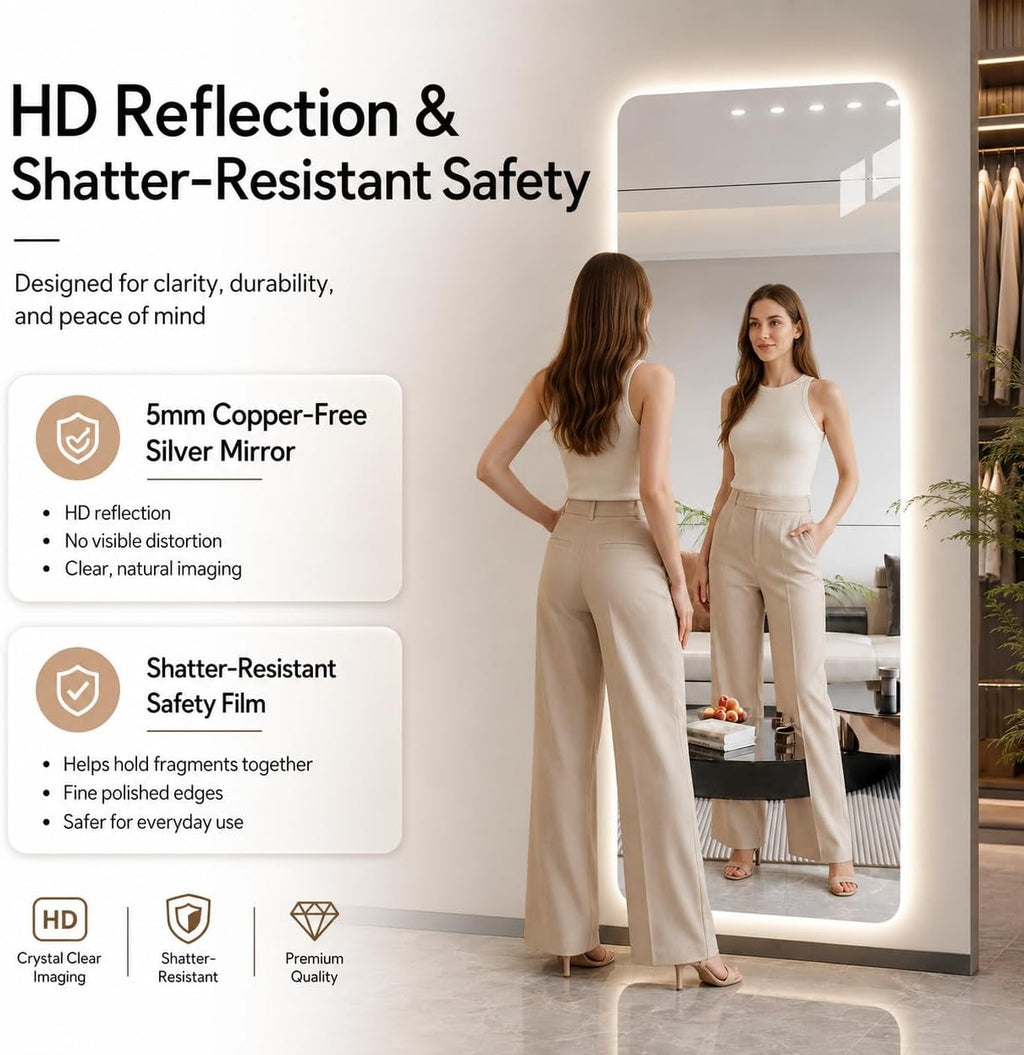 65" L x 24" W Rectangular Frameless LED Full Length Mirror with Lights, Rounded Corner Full Body Wall