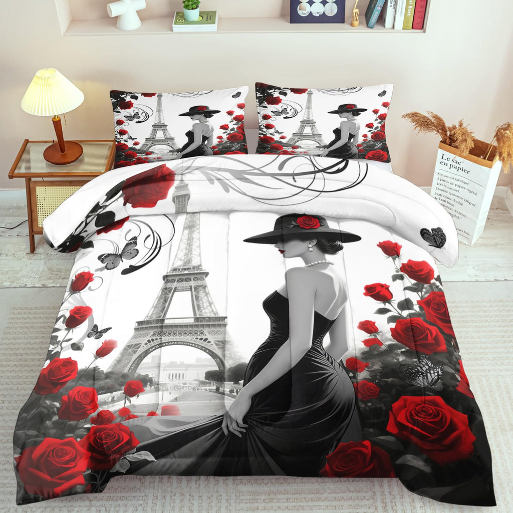 Paris Comforter Set Queen French Girl Comforter Women Paris Bedding Set Girls Red Rose Bedding Women Quilt Fashion