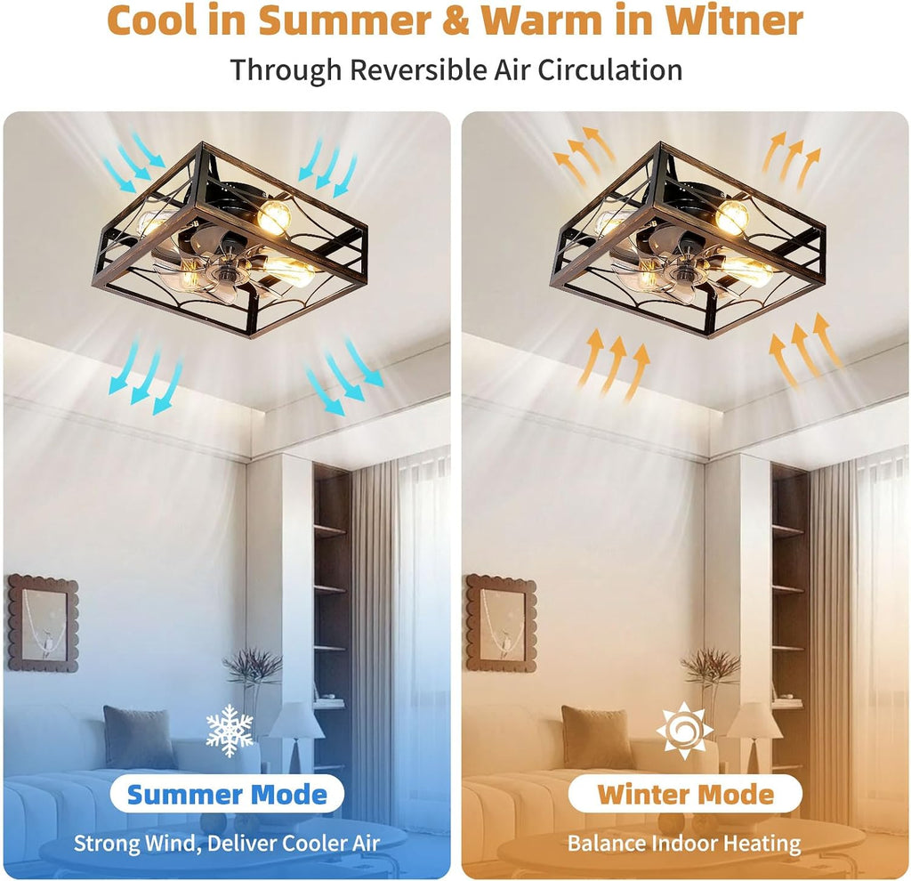 16" Flush Mount Caged Ceiling Fan with Light & Remote