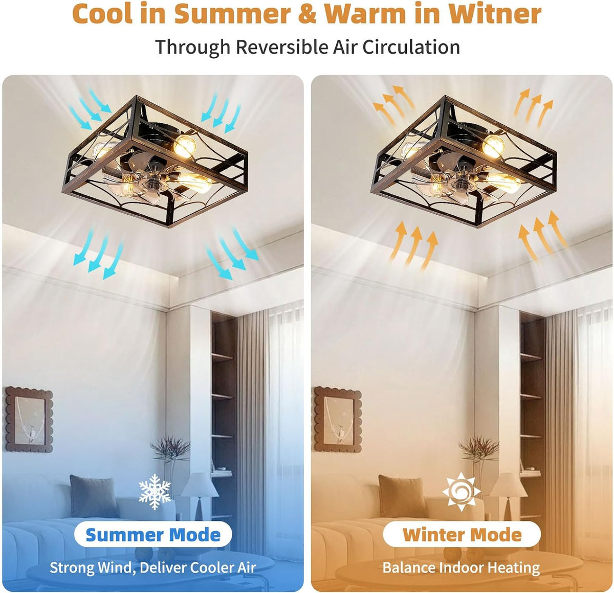 16" Flush Mount Caged Ceiling Fan with Light & Remote