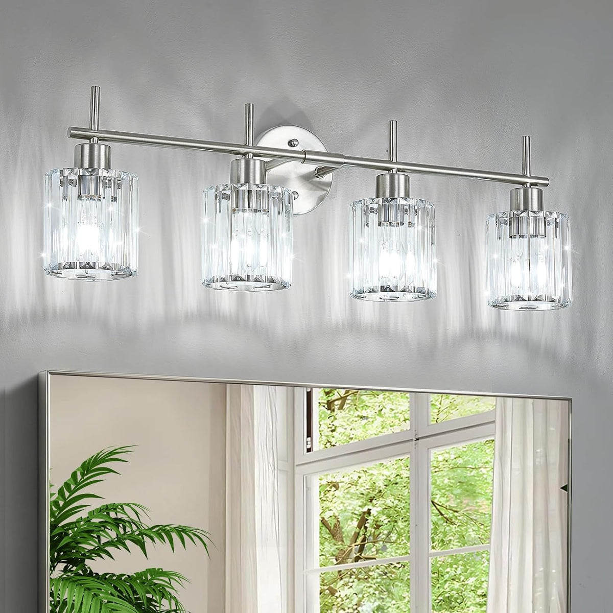 Brushed Nickel Bathroom Light Fixtures, Round, 4-Light | Vanity Lights with Crystal Shades, Modern Bathroom Lighting