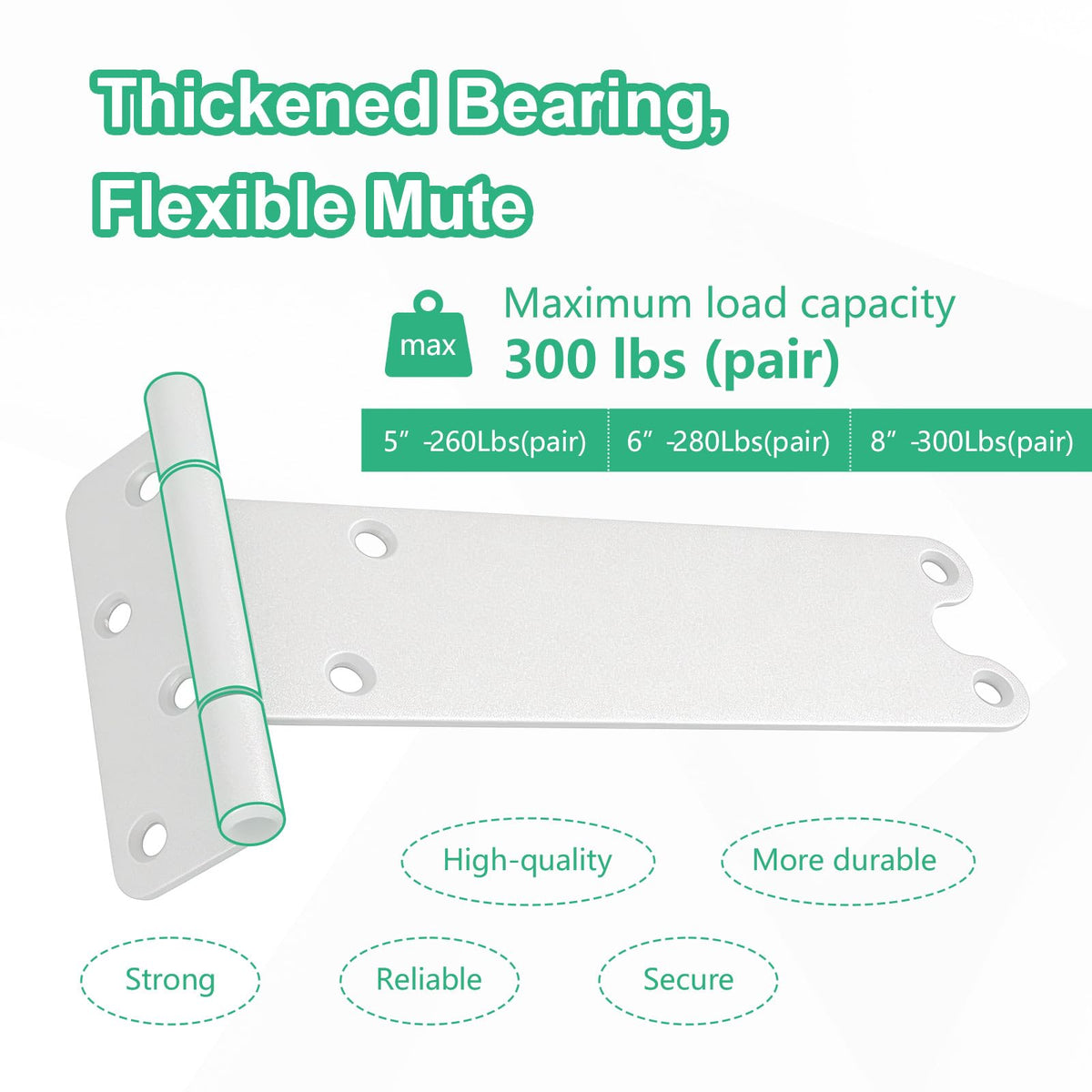 8 inch Gate Hinges, 300 Lbs Capacity, Matte White Hinges, 6 Pack Heavy Duty Door Hinge, T-Strap Shed Gate