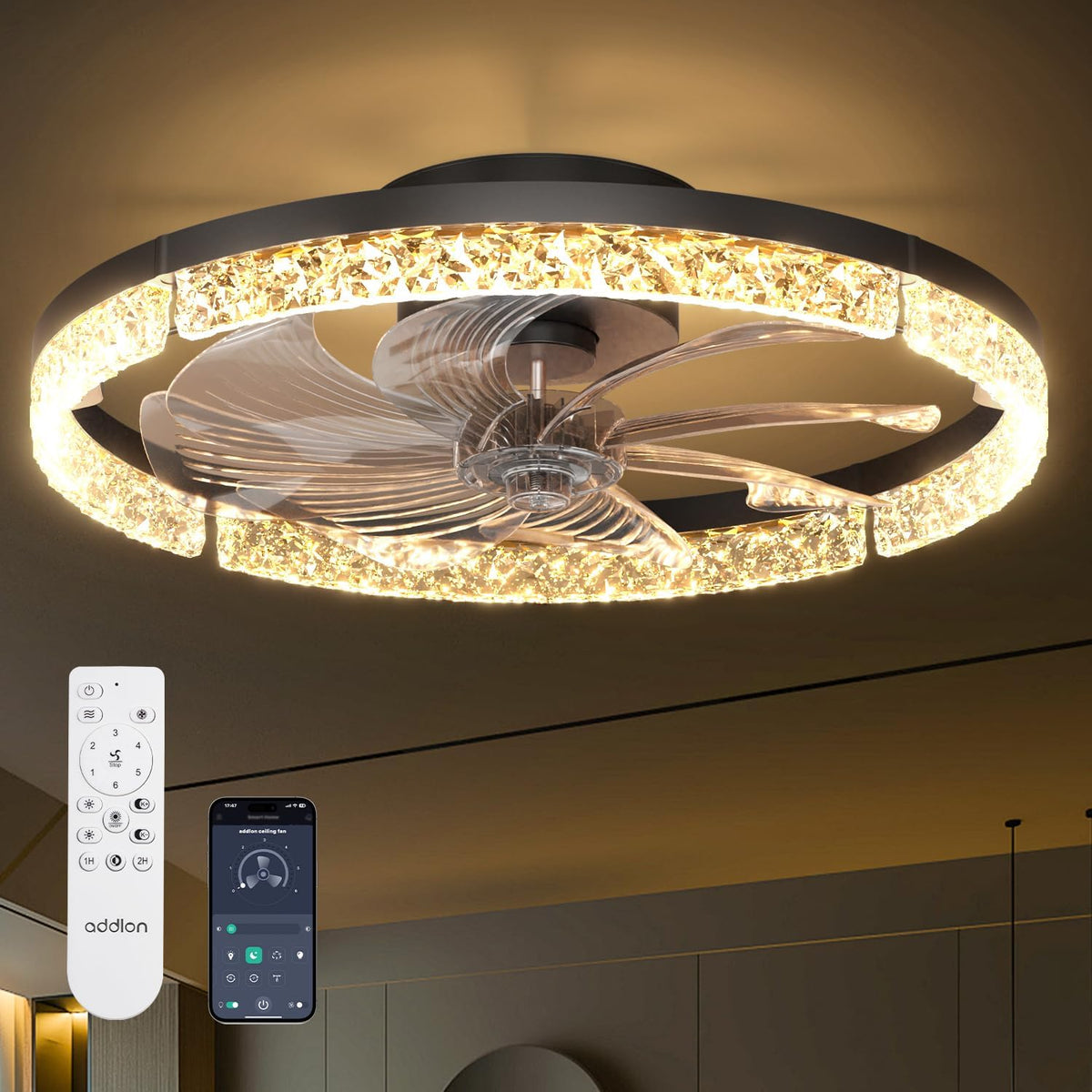 20" Black Flush Mount Chandelier Ceiling Fan with Light & Remote