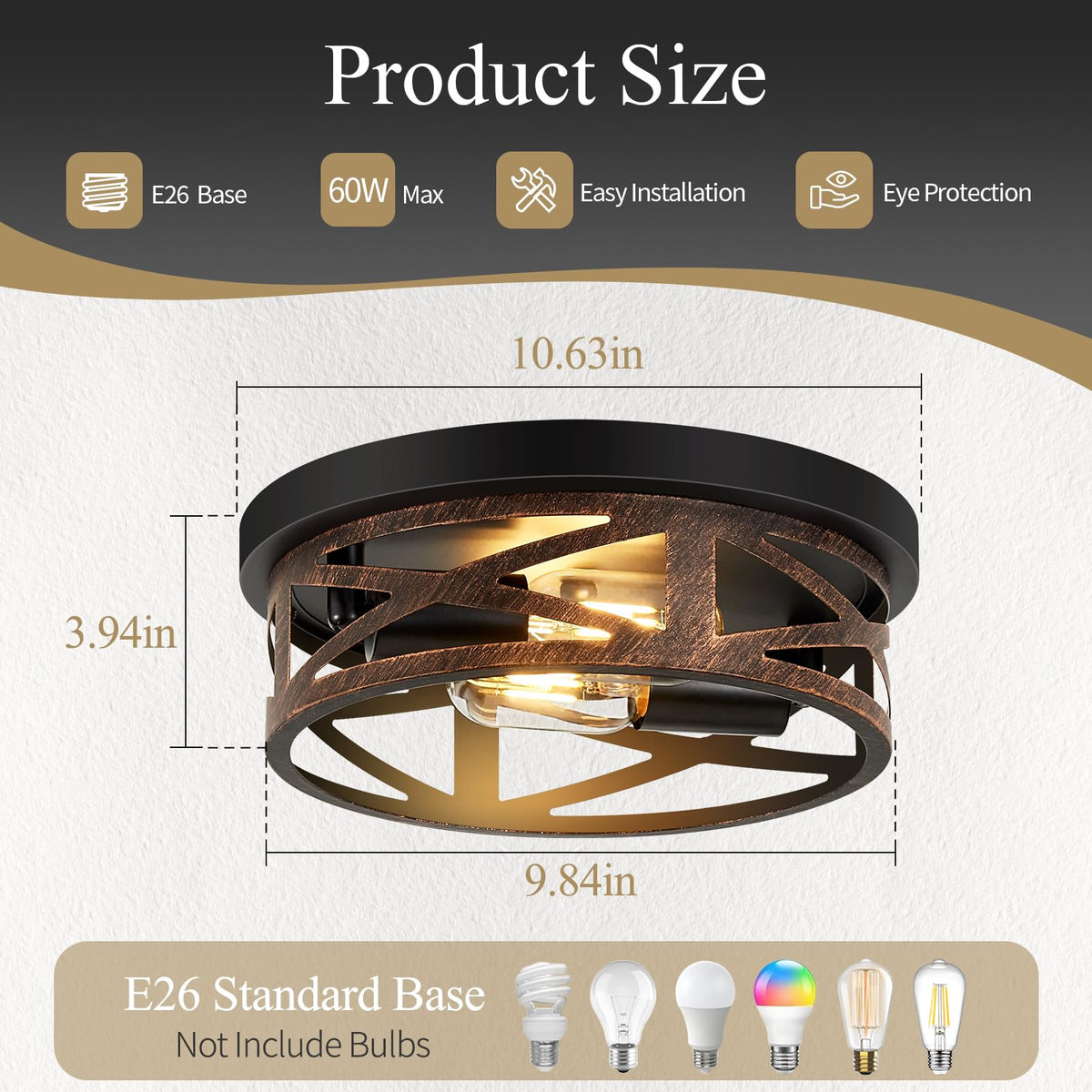 Flush Mount Ceiling Light Fixture, Vintage Metal Black 2-Light Hallway Light Fixtures Ceiling, Rustic Retro Light