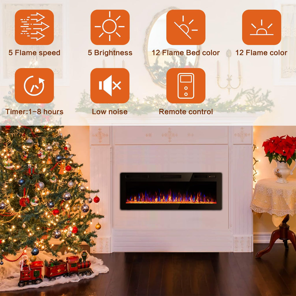 50 Inch Ultra Thin Electric Fireplace-Narrow Bezel Linear Fireplace Heater Recessed Wall Mounted, Remote and Screen