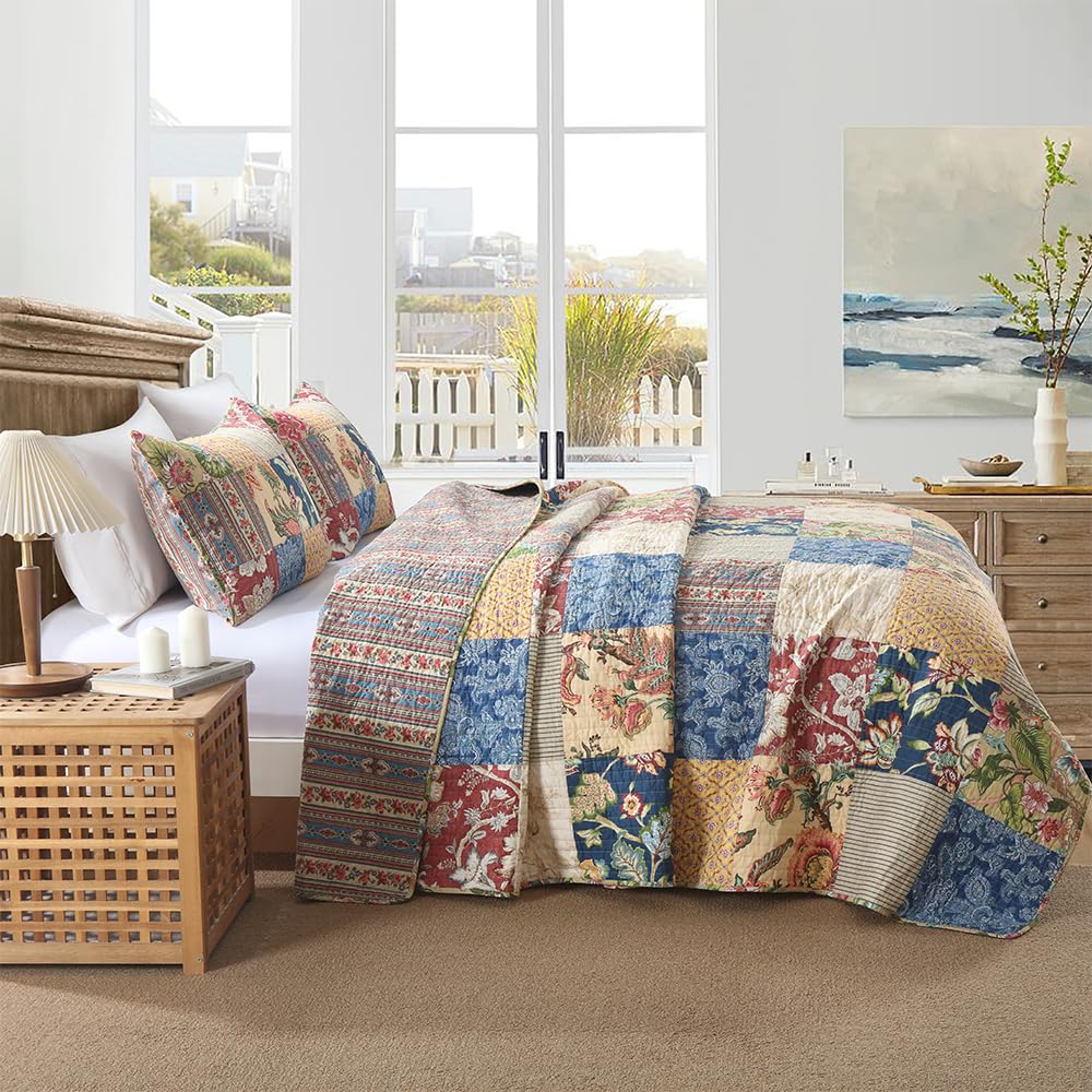 Cotton Bedspread Quilt Sets Reversible Bedding Coverlet Sets 3 Pieces Gorgeous Rustic Vintage Floral Red Yellow