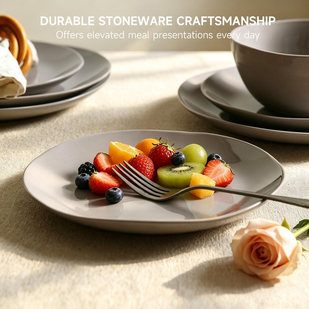 Dinnerware Sets for 4, 12 Pieces Stoneware Plates and Bowls Sets, Dishwasher&Microwave Safe,Modern Minimalist